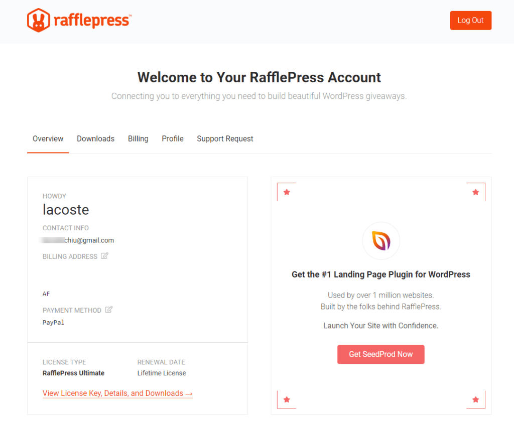 RafflePress購買後可登入用戶後台